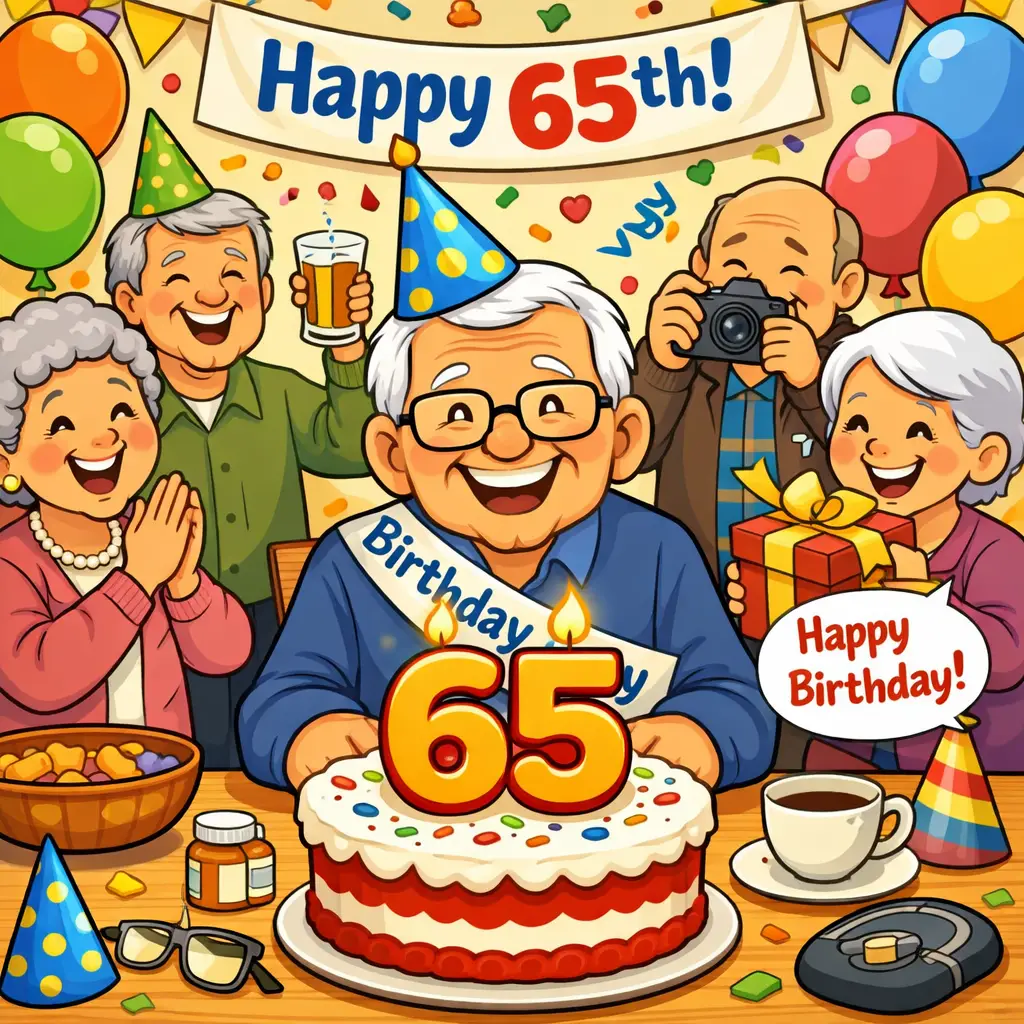 Turning 65 birthday celebration representing Medicare enrollment and choosing a Medicare plan